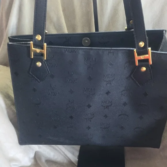MCM Black and Gold Structured Tote with Chain Detail